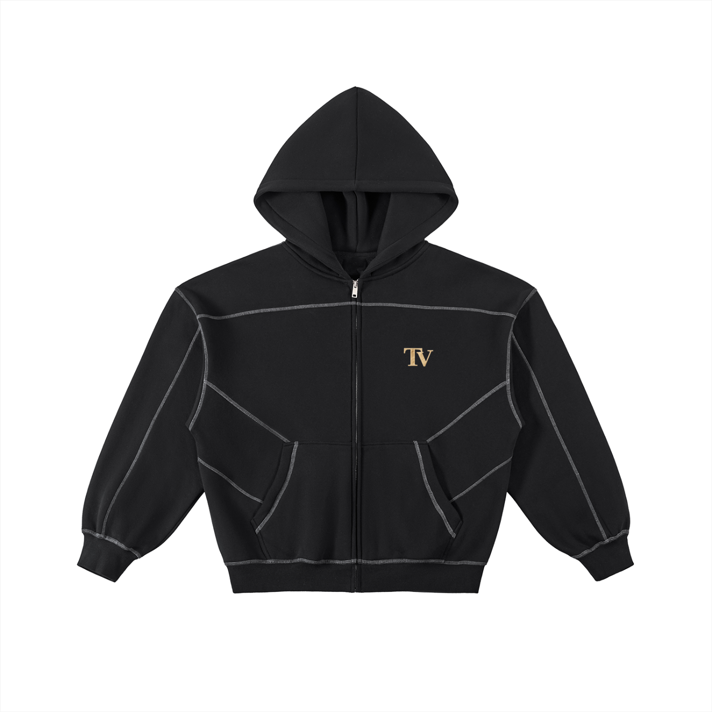 Contrast-Stitched Boxy Fleece Zip Hoodie